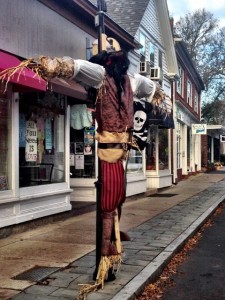 Creative Pirate Scarecrow in front of Bella's on Main Street in Falmouth Village