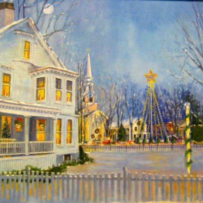 Falmouth Village Green Holiday during the day as painted by Karen Rinaldo